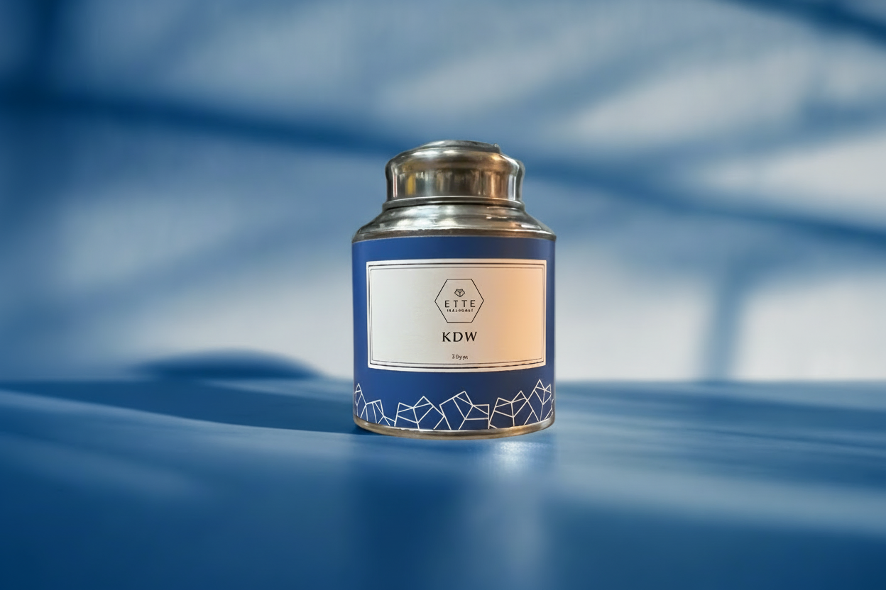 Tin canister with a label on a reflective surface