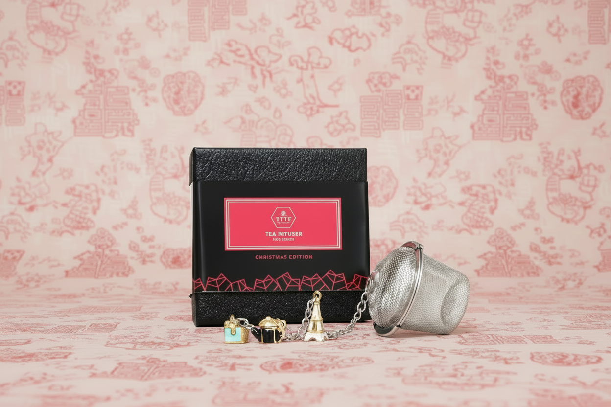 Tea infuser and packaging on a pink floral background