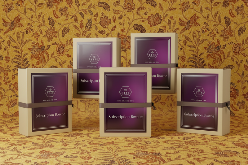 Set of subscription boxes with a purple label on a floral-patterned background