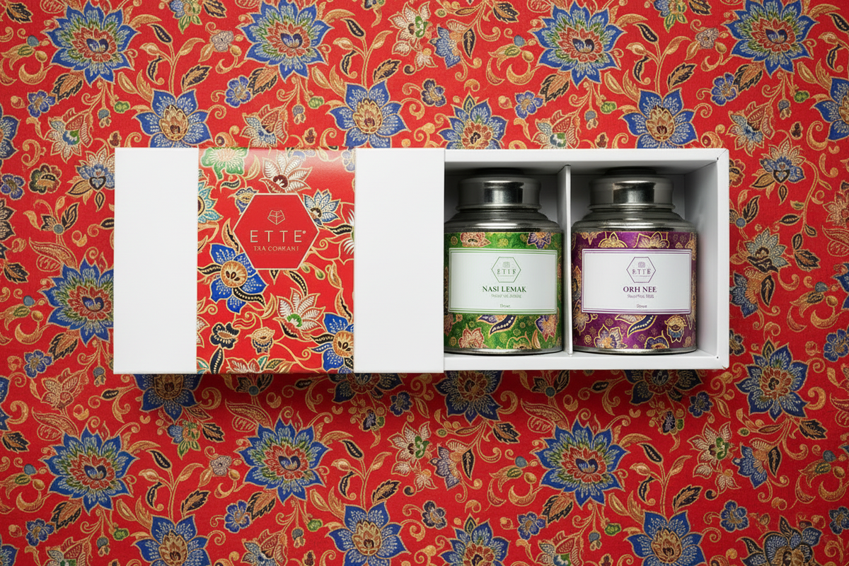 Two tea canisters in a decorative box with a floral design on the lid.