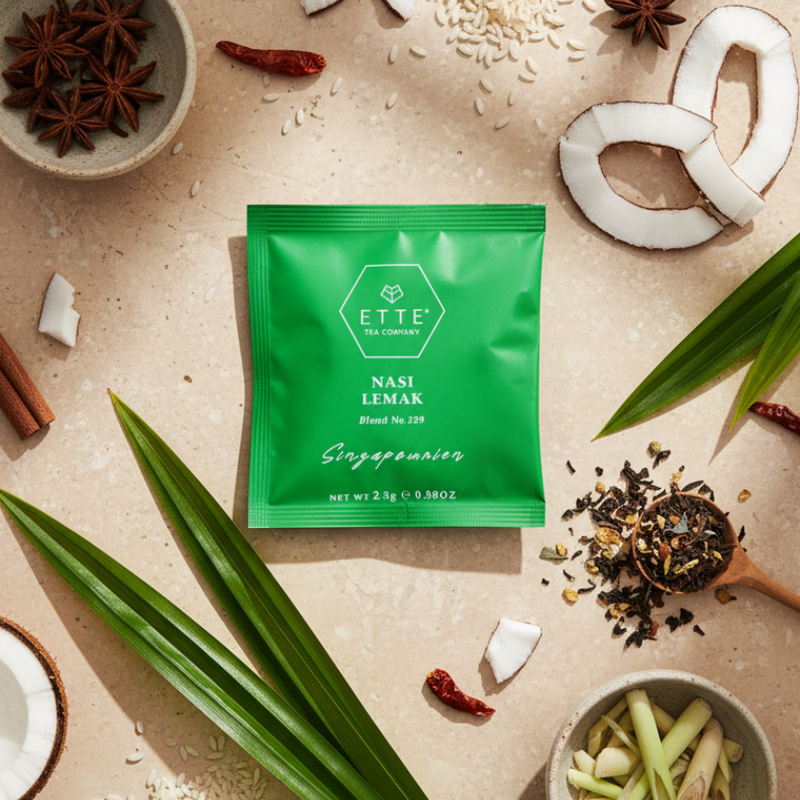Green tea package with natural ingredients on a beige background