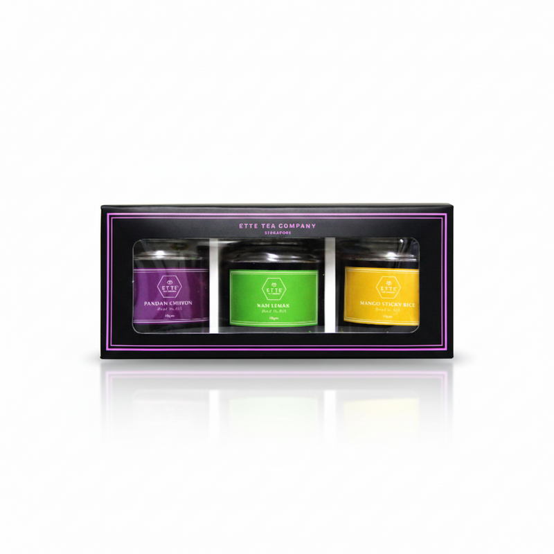 A packaged set of three ETTE brand tea bags, labeled as Pandan Chiffon, Mango Sticky Rice, and Nasi Lemak flavors.