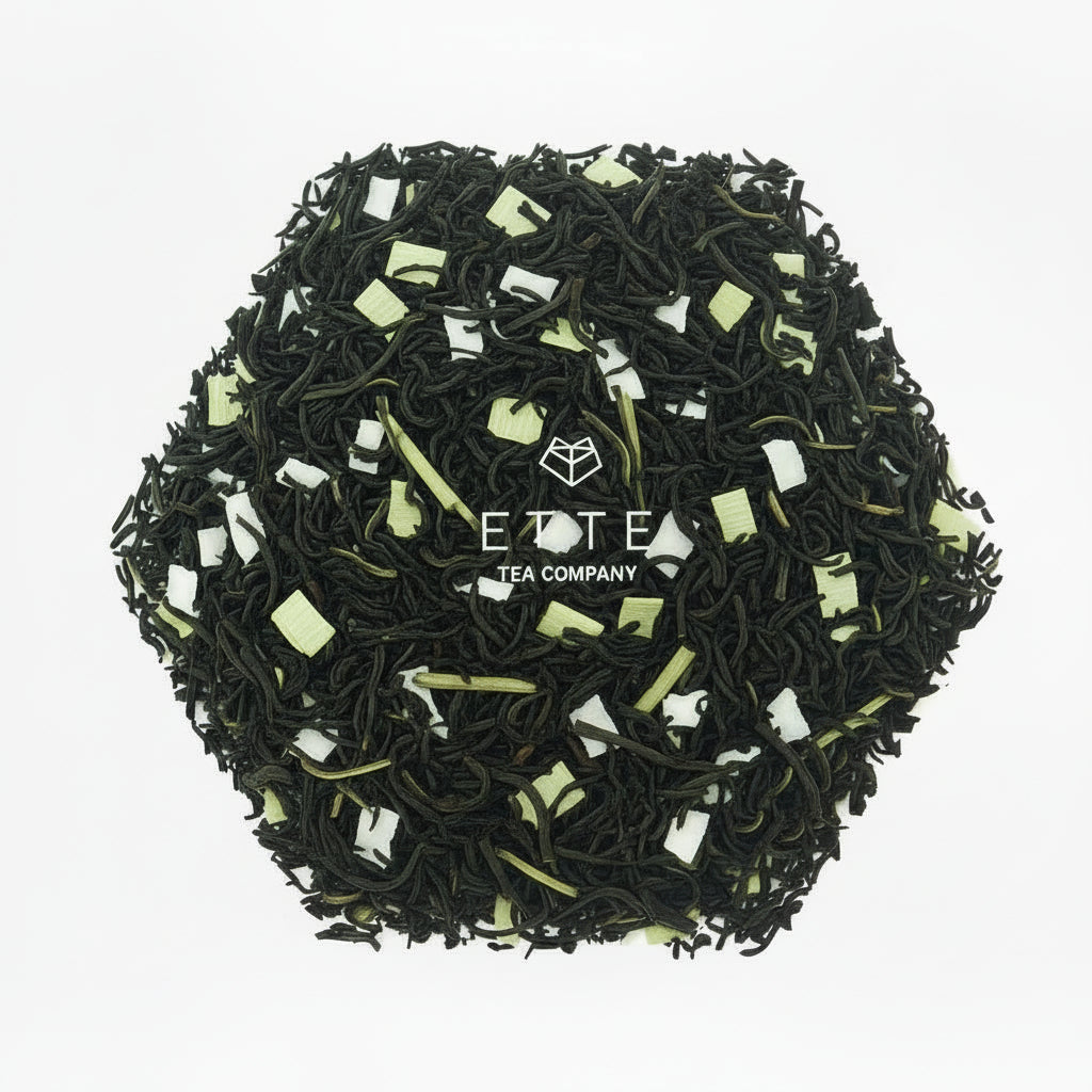 Tea leaves with ETTE Tea Company logo on a white background